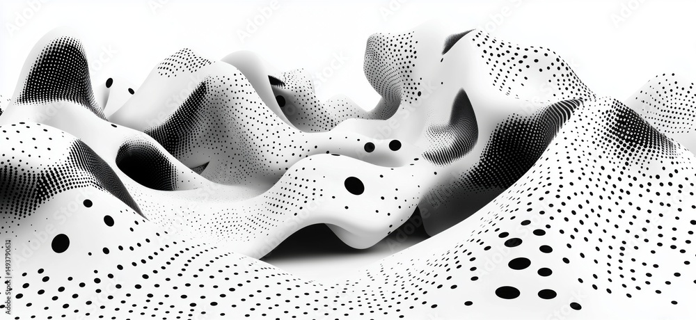 Poster abstract black and white wave patterns with dots and curves in 3d space
