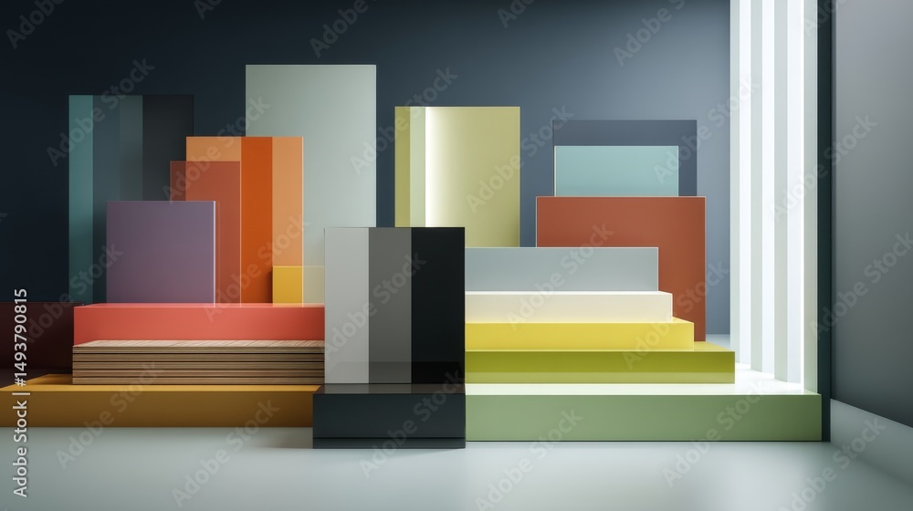 Aufkleber a modern abstract composition of colorful geometric shapes and forms in a minimalist setting.