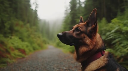 Naklejka premium A muscular German shepherd stands on a gravel path, ears perked and gaze focused ahead. The vibrant forest creates a serene backdrop, offering ample copy space