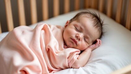 Peaceful sleeping baby wrapped in soft pink blanket on white crib mattress with serene expression and blurred background