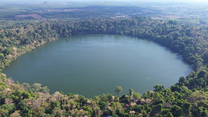 Aerial Drone View of Yeak Laom Crater Lake in Ban Lung, Cambodia..