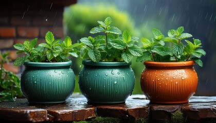 Regennasse handget&ouml;pferte Kr&auml;utert&ouml;pfe mit frischer Minze auf einer Steinmauer
