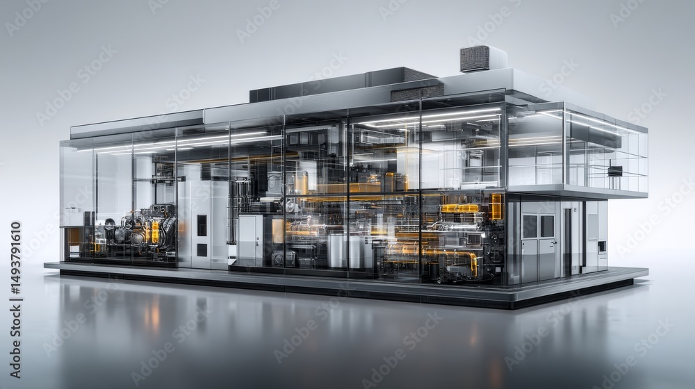 Poster a modern factory design showcasing advanced machinery and transparent architecture.