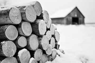 Snow-covered firewood stacked neatly near a rustic barn in a winter landscape.