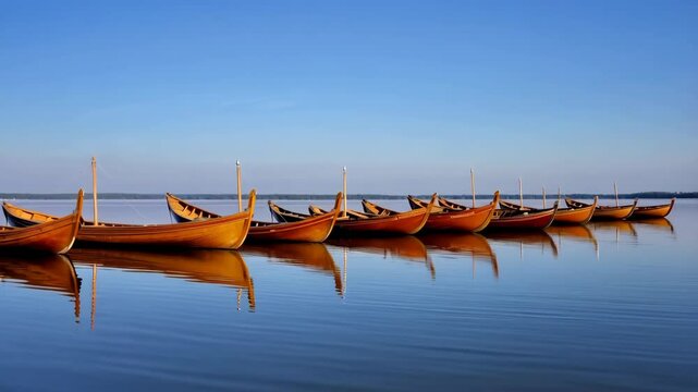 Several wooden rowboats rest in calm lake water with reflections, clear blue sky and forest in background, peaceful summer scenery