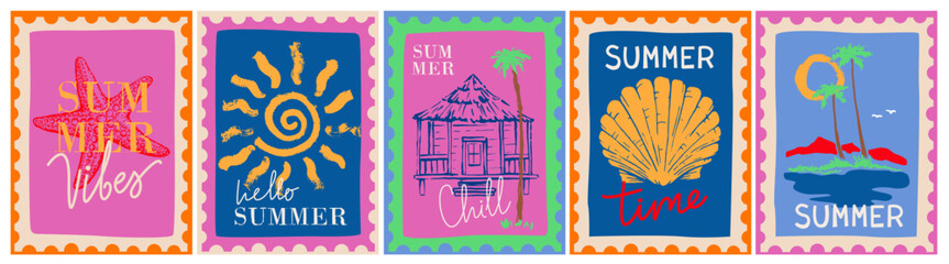 Set of sea, summer postage stamps. Hand drawn, paper cut, collage style. Sea, sun, boat, palm trees, waves, ocean. Design for card, sticker, cover, poster. Vacation, paradise, travel concept.