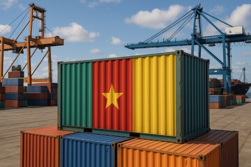 A container in green, red, and yellow with a yellow star — the flag of Cameroon — placed in a port setting. Ideal for African trade, logistics services, and global commerce.
