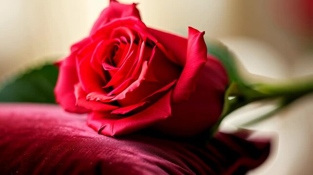 Close-up of a single red rose on a smooth red cushion with soft light showcasing the petals and details of the flower and fabric.