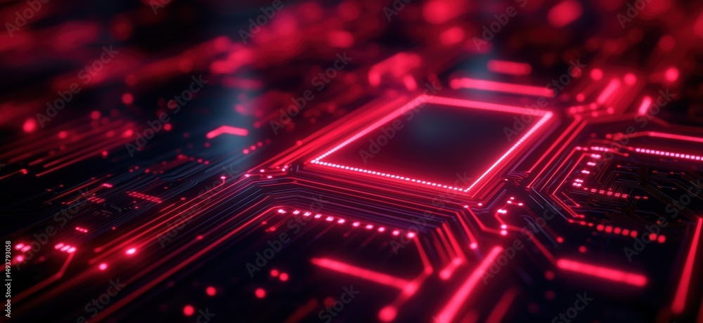 Aufkleber futuristic red circuit board with glowing lines and microchip details