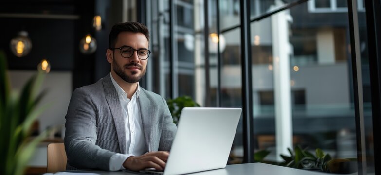 Professional man working on laptop in modern office with large windows and greenery