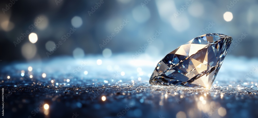 Poster stunning close-up of a sparkling diamond on a glittering surface with bokeh background