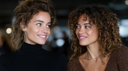 Fototapeta premium Two young women with curly hair express happiness while enjoying each others company in a cozy indoor environment. Their bright smiles illustrate a moment of friendship and connection