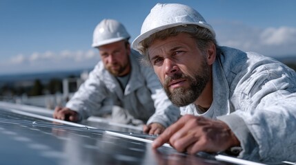 Two construction workers focus intently on installing solar panels on a rooftop during a clear day. Their protective helmets and attire suggest safety precautions in an outdoor work environment