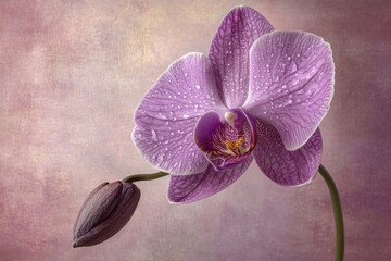 A dew-kissed purple orchid in bloom, with a bud, against a textured background.