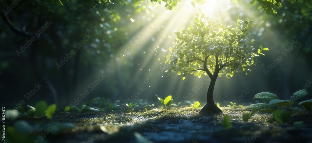 Poster sunlight illuminates small tree in lush forest setting with soft greenery