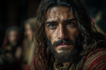 Portrait of Jesus Christ looking towards the viewer with followers standing behind him in a blurred background