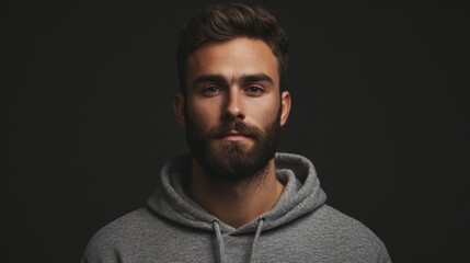 Obraz premium Portrait of a Bearded Man in a Gray Hoodie Against a Dark Backdrop