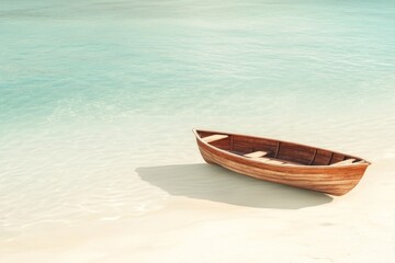 Naklejka premium Boat parked on sandy beach with gentle waves and clear blue sky in the background