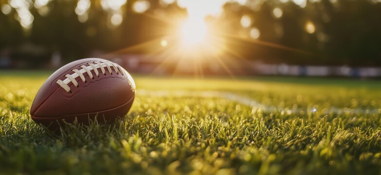 Football resting on grass field during sunset with sun rays shining in background