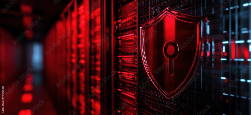 Poster cybersecurity shield symbol on server background with red lighting and data storage