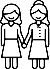 Two women holding hands smiling. Relationship and friendship concept. Simple line art icon.