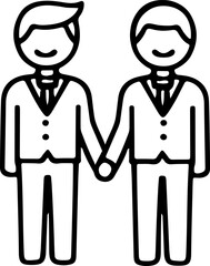 Two men holding hands in business attire. Simple line icon for partnership and relationship concept. Use for web design.