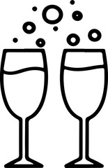 Two champagne glasses icon with bubbles. Outline flat design symbol for wedding, celebration, holiday, new year, party concept.