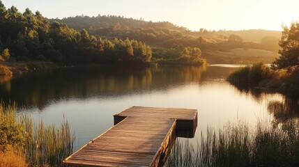 Wooden dock on a tranquil lake surrounded by tall grass and natural scenery