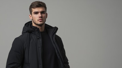 Fototapeta premium Portrait of a Young Male Wearing a Black Puffer Coat Against Plain Background