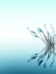 Digital art piece with a light blue background. on the right side of the image, there is a branch of a plant with long, thin, feathery leaves that are reflected in the water below.