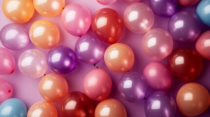 Multiple colorful transparent balloons of various hues create a cheerful arrangement on a pastel lavender background, perfect for festive occasions and party decor