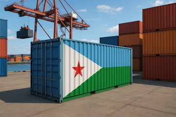 Blue-green container representing Djibouti’s national identity at an industrial port. Ideal for global freight visuals or African development topics.
