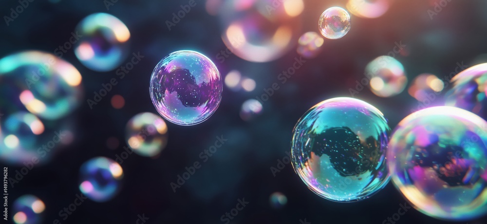 Poster colorful soap bubbles floating in a dreamy background with soft light reflections