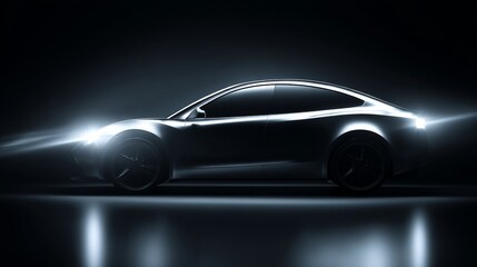 A sleek silhouette of a modern car illuminated by dramatic lighting.