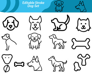 A dog set icon features a collection of editable vector icons showing dogs in various poses like sitting, running, barking, and sleeping, designed in cute, minimal, or detailed styles.