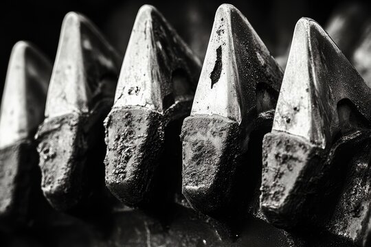 Close-up of worn, triangular metal components on heavy machinery, showing texture and detail.