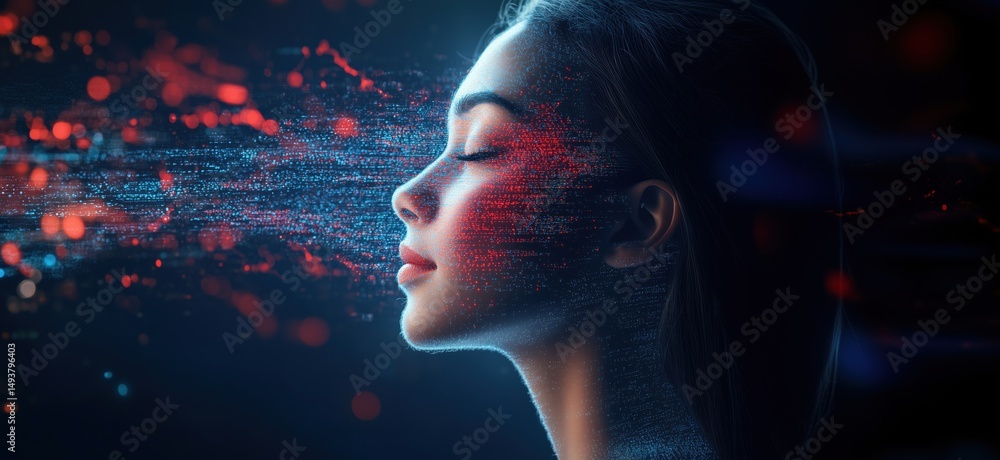 Poster digital transformation of human identity with data streams and vibrant colors