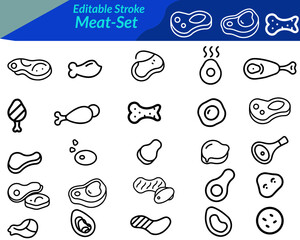 A meat set icon features editable vector illustrations of various meat products such as steak, drumsticks butcher cuts, ideal for , food apps, restaurant  packaging, and digital designs. 
