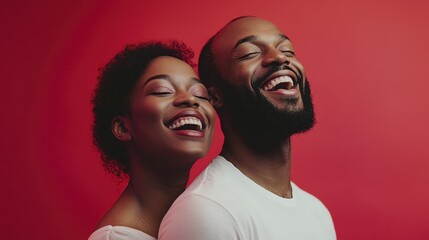 Obraz premium Joyful African couple laugh together against a red background in studio