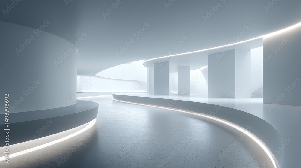 Poster a smooth, futuristic corridor illuminated with soft light in a minimalist design.