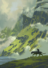 A lrider on a giant feline traverses a misty green mountain slope above a quiet shoreline evoking solitude mystery and ancient wilderness, digital art style, illustration painting