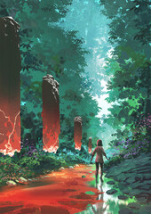 A young girl explores a vibrant forest path lined with mysterious glowing red stone pillars casting light across the water and lush vegetation, digital art style, illustration painting