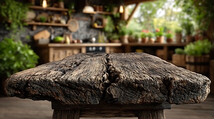 Fototapeta premium Rustic reclaimed wood table top with visible knots and cracks, positioned before a blurred background of a bright farmhouse-style kitchen.
