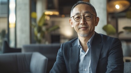 Obraz premium Confident Asian Middle-aged Man with Glasses Sitting in a Modern Office