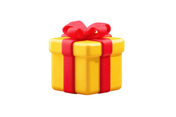 Yellow gift box with red ribbon 3D render illustration for holiday celebration isolated on white background