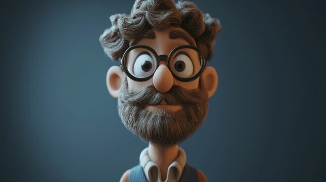Stylized Character Portrait with Glasses, Beard, and Warm Smile