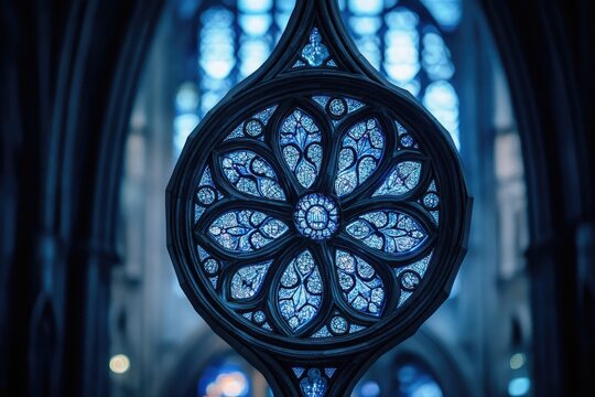 Intricate blue stained glass rose window detail within a Gothic cathedral, showcasing exquisite craftsmanship.