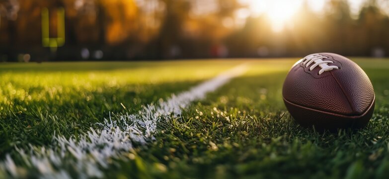American football on field during sunset with goalposts in background