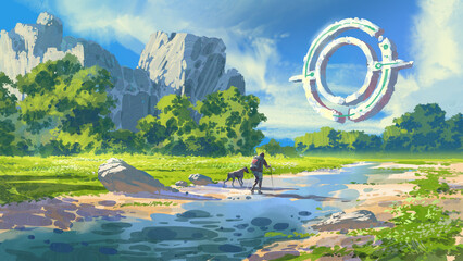 A hiker and dog cross a peaceful stream in a lush green valley under a massive floating ring in the sky blending nature and sci-fi, digital art style, illustration painting