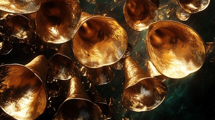 Close-up view of numerous golden bells hanging in a cluster.